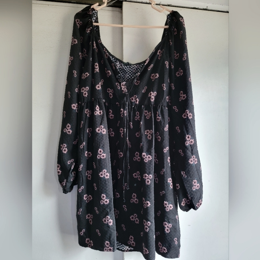 Tie Front All Over Floral Print Black and Pink Mini Dress